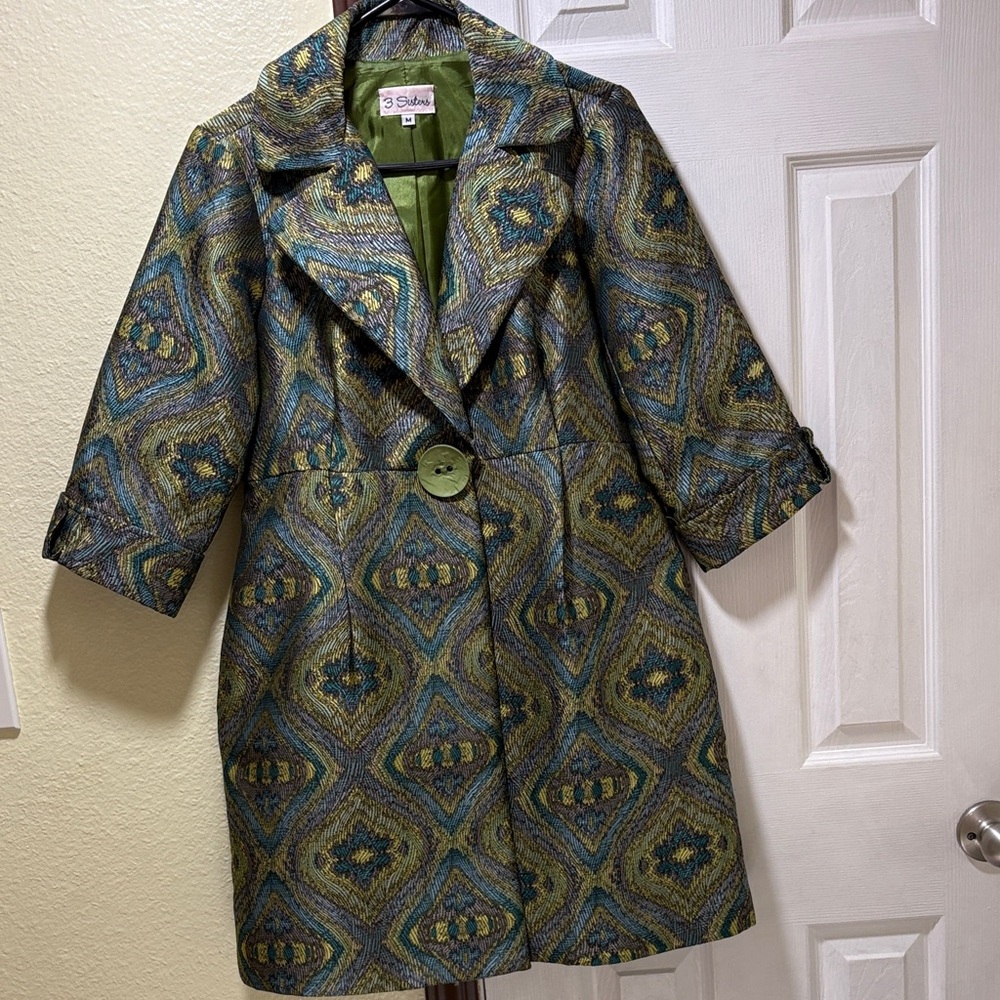 3 Sisters Green and Blue Geometric Trench Coat